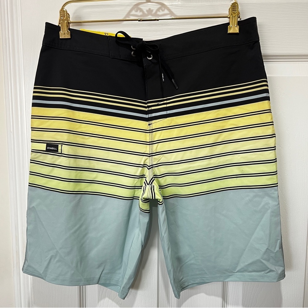 O'Neill Boardshort Swim‎ Shorts Men's Size 36 Striped Black Teal Green